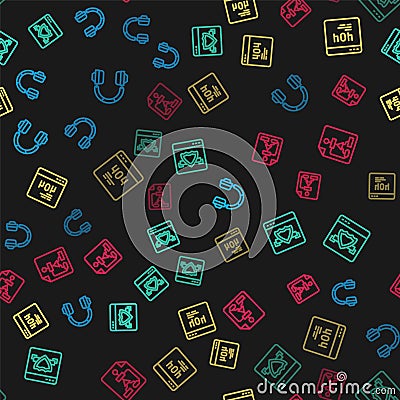 Set line Headphones, Browser with shield, Page 404 error and Flowchart on seamless pattern. Vector Vector Illustration