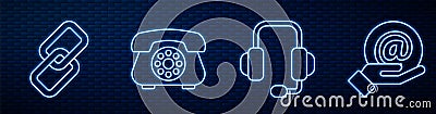 Set line Headphones, Chain link, Telephone and Mail and e-mail in hand. Glowing neon icon on brick wall. Vector Vector Illustration