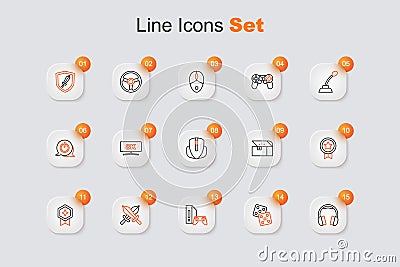 Set line Headphones, Game dice, console with joystick, Sword for game, rating medal, Chest and Computer mouse icon Vector Illustration