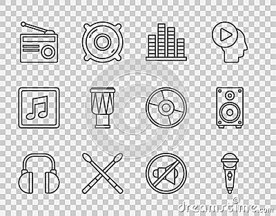 Set line Headphones, Microphone, Music equalizer, Drum sticks, Radio with antenna, Speaker mute and Stereo speaker icon Vector Illustration