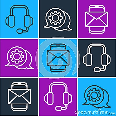 Set line Headphones, Mobile and envelope and Speech bubble chat icon. Vector Vector Illustration