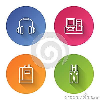 Set line Headphones, Monitor with keyboard, Book and Pants suspenders. Color circle button. Vector Vector Illustration