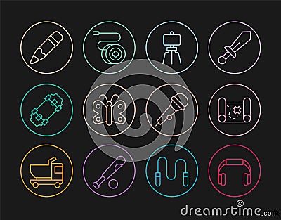 Set line Headphones, Pirate treasure map, Wood easel, Butterfly, Skateboard, Pencil with eraser, Microphone and Yoyo toy Stock Photo