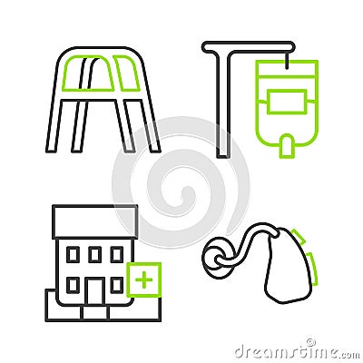 Set line Hearing aid, Medical hospital building, IV bag and Walker icon. Vector Vector Illustration