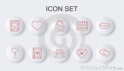 Set line Heart, Balloon in form of heart, Lock and, Candy shaped box, Photo frames hearts, Picture and Glass champagne Stock Photo