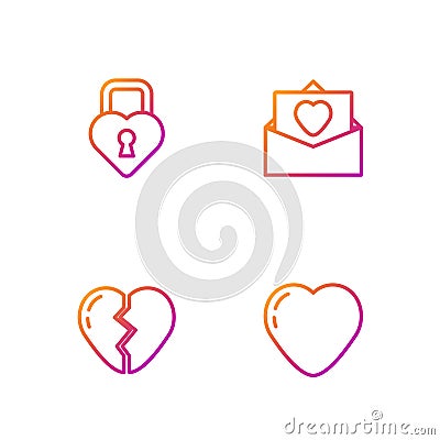 Set line Heart, Broken heart, Castle in the shape of and Envelope with Valentine. Gradient color icons. Vector Vector Illustration