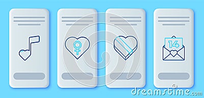 Set line Heart with female gender, Candy in heart shaped box, Music note, tone hearts and Envelope Valentine icon Vector Illustration