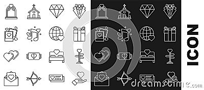 Set line Heart on hand, Signpost with heart, Gift box, Diamond, Music note, tone hearts, Two blanks photo frames Vector Illustration