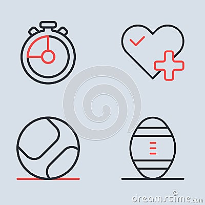Set line Heart rate, Baseball ball, American Football and Stopwatch icon. Vector Vector Illustration
