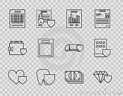 Set line Heart with shield, Diamond, Document graph chart, Tooth, Report file document, Empty form, Stacks paper money Stock Photo