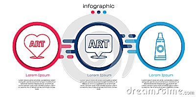 Set line Heart with text art, Speech bubble with text art and Tube with paint palette. Business infographic template Vector Illustration