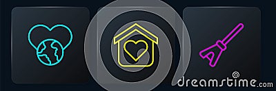 Set line The heart world - love, Mop and Shelter for homeless. Black square button. Vector Stock Photo