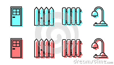 Set line Heating radiator, Closed door, Garden fence wooden and Table lamp icon. Vector Vector Illustration