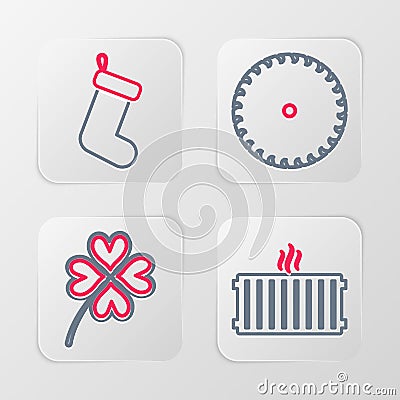 Set line Heating radiator, Four leaf clover, Circular saw blade and Christmas sock icon. Vector Stock Photo