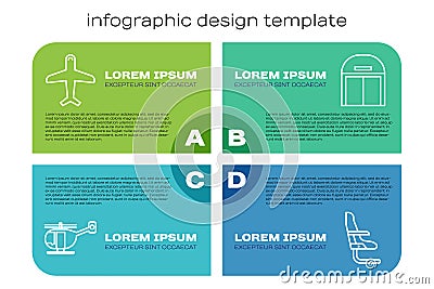 Set line Helicopter, Plane, Airplane seat and Aircraft hangar. Business infographic template. Vector Vector Illustration