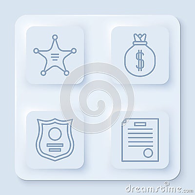 Set line Hexagram sheriff, Money bag, Police badge and The arrest warrant. White square button. Vector Vector Illustration