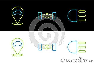 Set line High beam, Location with car service and Chassis icon. Vector Stock Photo