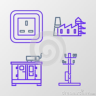 Set line High voltage power pole line, Diesel generator, Power station plant and factory and Electrical outlet icon Vector Illustration