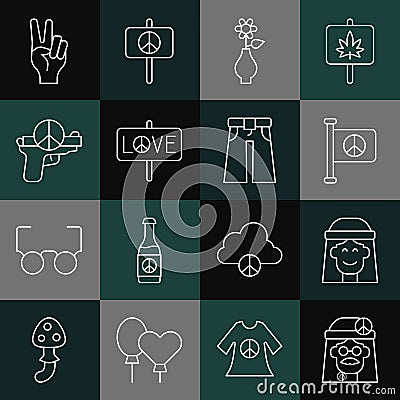 Set line Hippie girl, Flag peace, Flower in vase, Peace, No war, symbol and Jeans wide icon. Vector Stock Photo