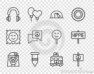 Set line Hippie girl, Peace, Tourist tent, Condom, Headphones, Speech bubble chat, camper van and icon. Vector Stock Photo