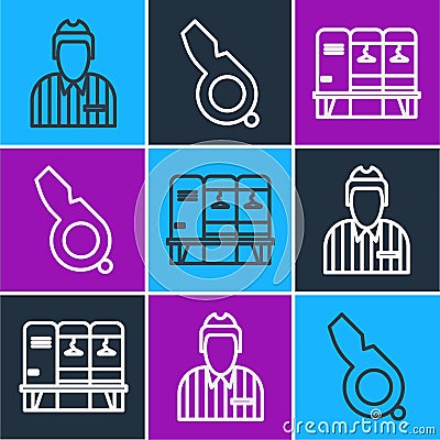 Set line Hockey judge, referee, arbiter, Locker or changing room and Whistle icon. Vector Vector Illustration