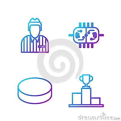 Set line Hockey over sports winner podium, Hockey puck, Hockey judge, referee, arbiter and Hockey table. Gradient color Vector Illustration