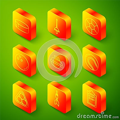 Set line Hockey puck, Fencing, Football ball, Bowling, Stone for curling sport game, Baseball, Billiard balls rack Stock Photo