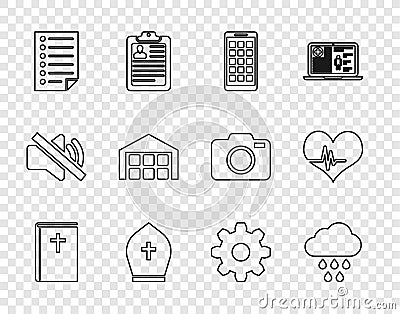 Set line Holy bible book, Cloud with rain, Mobile Apps, Pope hat, Document, Warehouse, Cogwheel gear settings and Heart Stock Photo