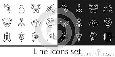 Set line Holy bible book, Skull, Body armor, Magic staff, Shield, Sword for game, Christian cross and Bottle with potion Vector Illustration
