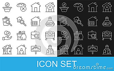 Set line Homeless, Searching for food, Help homeless, Real estate, house, Donation money and House with dollar icon Vector Illustration