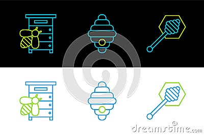 Set line Honey dipper stick, Hive for bees and icon. Vector Vector Illustration