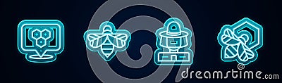Set line Honeycomb bee location, Bee, Beekeeper with protect hat and and honeycomb. Glowing neon icon. Vector Vector Illustration