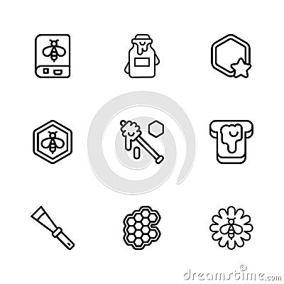 Set line Honeycomb, Bread with honey, Bee flower, dipper stick, Book about bee, Jar of and and honeycomb icon. Vector Vector Illustration