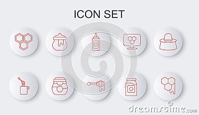 Set line Honeycomb, dipper stick with honey, Jar of, and icon. Vector Vector Illustration
