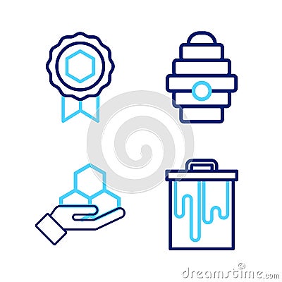 Set line Honeycomb, and hand, Hive for bees and medal icon. Vector Stock Photo