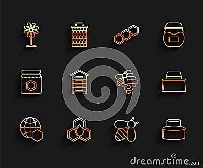 Set line Honeycomb map of the world, Flower, Bee, Beekeeper with protect hat, Hive for bees, and icon. Vector Vector Illustration