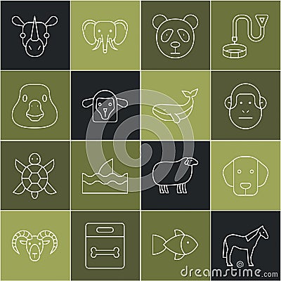 Set line Horse, Dog, Monkey, Cute panda face, Sheep head, Goose bird, Rhinoceros and Whale icon. Vector Stock Photo