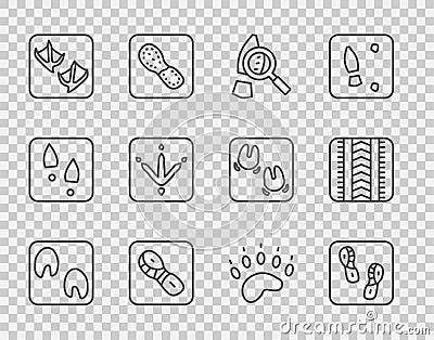 Set line Horse paw footprint, Human footprints shoes, Magnifying glass with footsteps, Seagull, Chicken, Bear and Tire Vector Illustration