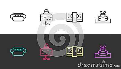 Set line Hotdog, Magic ball on table, Stacks paper money cash and Fountain on black and white. Vector Vector Illustration