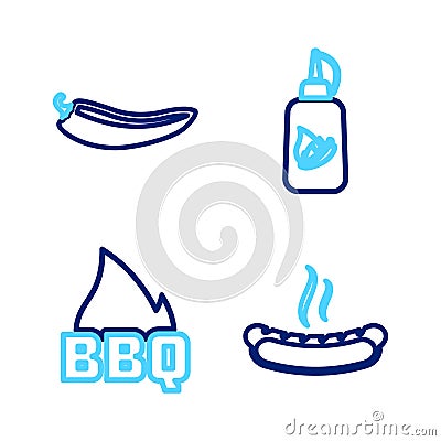 Set line Hotdog sandwich, Barbecue fire flame, Ketchup bottle and chili pepper pod icon. Vector Stock Photo