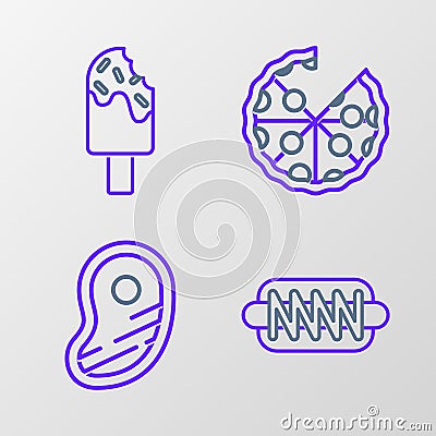 Set line Hotdog sandwich, Steak meat, Pizza and Ice cream icon. Vector Stock Photo