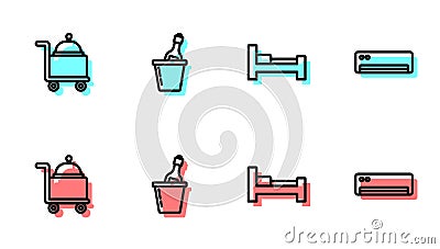 Set line Hotel room bed, Covered with tray, Champagne in an ice bucket and Air conditioner icon. Vector Vector Illustration