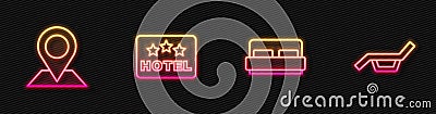 Set line Hotel room bed, Location, Signboard with text and Sunbed and umbrella. Glowing neon icon. Vector Vector Illustration