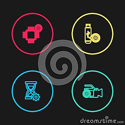 Set line Hourglass setting, Video camera, USB flash drive and Processor icon. Vector Vector Illustration