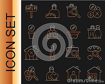 Set line House with dollar, Searching for food, Trash can, Homeless, Donation money, Ask help text and icon. Vector Vector Illustration