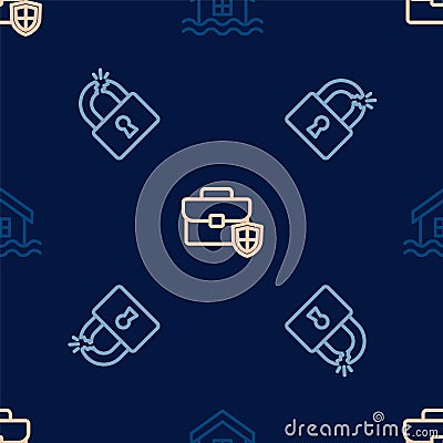 Set line House flood, Broken or cracked lock and Briefcase with shield on seamless pattern. Vector Vector Illustration