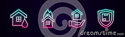 Set line House flood, Fire in burning house, hand and Delivery security with shield. Glowing neon icon. Vector Vector Illustration