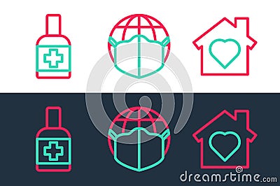 Set line House with heart inside, Liquid antibacterial soap and Earth medical mask icon. Vector Vector Illustration