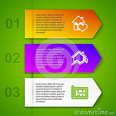 Set line House with heart shape, Rising cost of housing, plan and Hanging sign Sold. Business infographic template Stock Photo