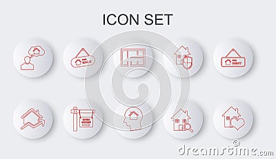 Set line House with heart shape, Rising cost of housing, plan, Search house, Man dreaming about buying, Hanging sign For Stock Photo